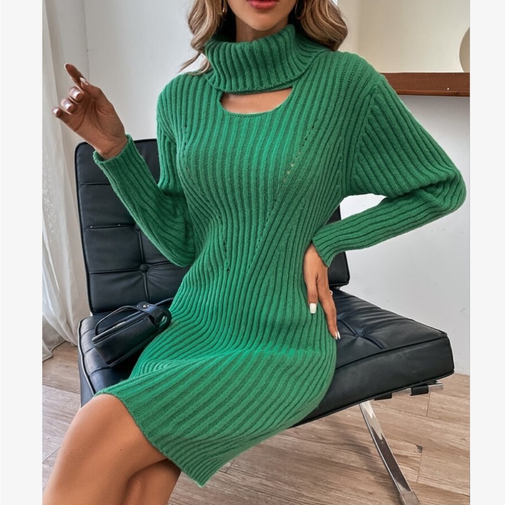 Cozy Cowl Neck Cut out Knit Sweater Dress Green - Picture 2 of 8